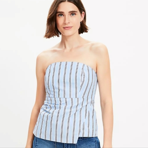 LOFT Blue and White Striped Poplum Strapless Peplum Tube Top 4 NWT - Picture 1 of 8